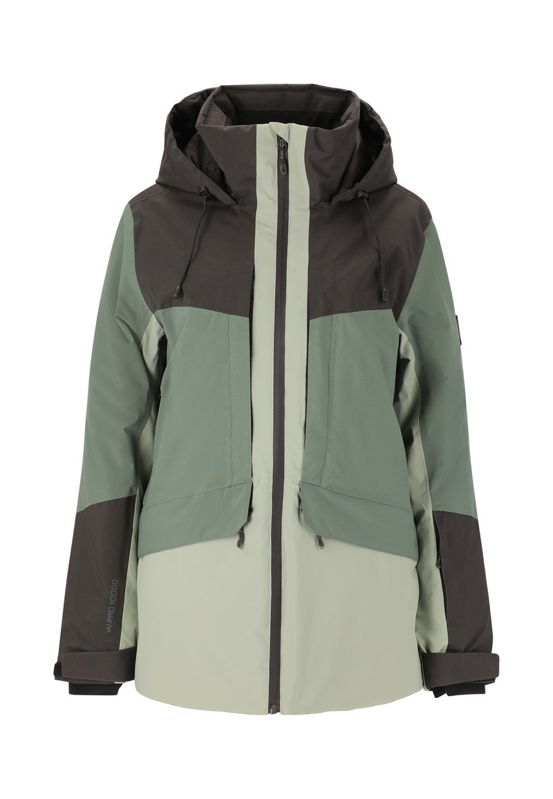 Giacca impermeabile con un mix di pannelli verde scuro e grigio chiaro, cappuccio regolabile, zip frontale e polsini elasticizzati per una vestibilità aderente.