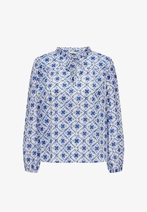 Valge pika varrukaga pluus sinise lillelise rombikujulise mustriga, võtmekoht kaelusel ja lips detail kaeluses.