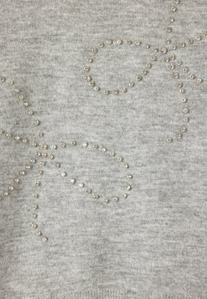 Tessuto a maglia grigio chiaro con motivi floreali sottili formati da piccole perline argentate rotonde disposte in petali contornati.