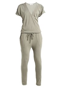 Combinaison verte olive à manches courtes, design croisé à l'avant, taille élastique et détail avec cordon de serrage. Fabriquée en tissu doux et léger.
