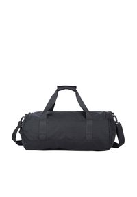 Sac de voyage noir en tissu résistant, avec des poignées doubles, une bandoulière amovible et une forme cylindrique. Design simple et fonctionnel.