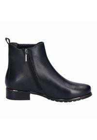 Navy leather ankle boot with a smooth finish, side zipper detail, elastic gusset, and a low block heel. Textured rubber sole for grip.