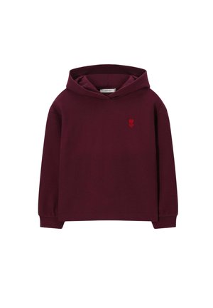 Kastanjebruine hoodie met lange mouwen en een klein rood rozenontwerp op het linkerborstgedeelte, weergegeven op een witte achtergrond.