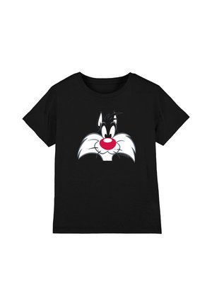 Black short-sleeve t-shirt with a cartoon cat face featuring large white cheeks, a red nose, and black tufted ears on the front center.