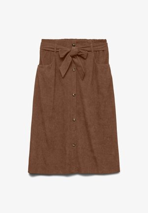 Brąskowa spódnica do kolan wykonana z miękkiego materiału, z wiązanym paskiem w talii, zapinana na guziki z przodu oraz dwiema bocznymi kieszeniami. Teksturowana delikatnym wzorem.