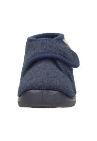 Navy felt slippers with a textured finish, a cross strap design, and rubber sole; features a small logo tag on the side.