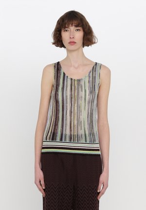 Knit sleeveless top with multicolored vertical stripes, featuring a solid striped hem. Material appears lightweight with a soft texture.