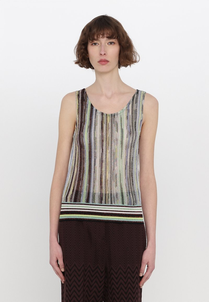 Knit sleeveless top with multicolored vertical stripes, featuring a solid striped hem. Material appears lightweight with a soft texture.