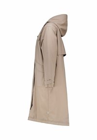 Imperméable beige avec capuche, manches longues et coupe droite. Fabriqué dans un matériau lisse et imperméable, il est doté d'une fente sur les côtés pour faciliter les mouvements.