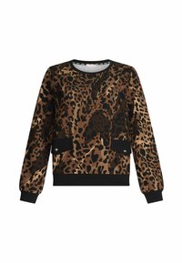 Felpa a fantasia leopardata in marrone e nero, con maniche lunghe, scollatura rotonda, tasche frontali e polsini e orlo a coste neri.