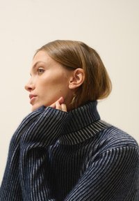 Blau-weißer gestreifter Rollkragenpullover mit gerippter Textur, aus weichem Stoff und mit Design eines hohen Kragens.