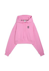Pink cropped hoodie with a drawstring, oversized fit, and long sleeves. Front features a black logo on the left side. Soft fabric texture.