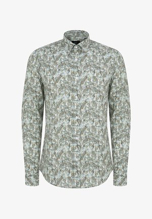 Koszula z długim rękawem w jasnym zielonym kolorze z wzorem paisley. Wykonana z gładkiego materiału, z kołnierzykiem zapinanym na guziki i białymi guzikami.