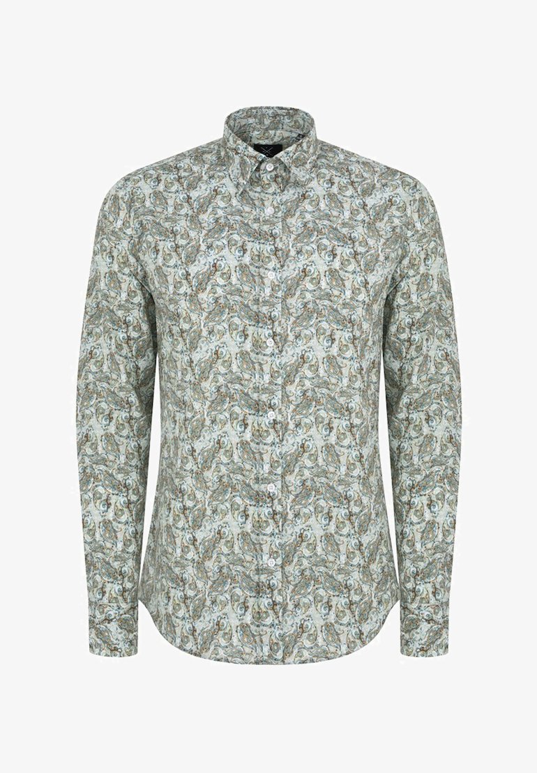 Koszula z długim rękawem w jasnym zielonym kolorze z wzorem paisley. Wykonana z gładkiego materiału, z kołnierzykiem zapinanym na guziki i białymi guzikami.