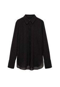 Blusa nera a maniche lunghe con colletto, motivo testurizzato a pois e materiale leggermente trasparente. Orlo dritto e dettaglio con chiusura a bottoni.