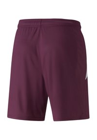 Bordové sportovní šortky vyrobené z hladkého, lehkého materiálu s elastickým pasem a bílým akcentem po straně.