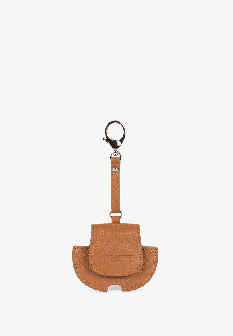 Brown textured leather keychain pouch with a snap closure, rounded bottom, and a silver clasp attachment for easy carrying.