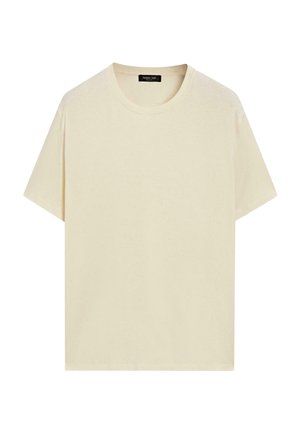 Crème korte mouw T-shirt gemaakt van een zachte katoenmix, met een ronde halslijn en een ontspannen pasvorm, met een gladde, uniforme textuur.