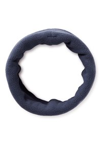 Bandeau en polaire marine avec un design circulaire, présentant une surface douce et texturée ainsi que des accents froncés le long du bord pour un port confortable.