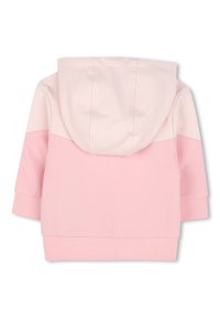 Hooded sweatshirt in light pink with a two-tone design. Features a soft texture, cuffed sleeves, and a kangaroo pocket.