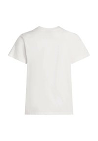 White cotton t-shirt with short sleeves, round neckline, and a smooth texture, showcasing a simple and classic design.