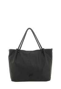 Borsa tote nera in pelle con doppio manico, dalla texture morbida e dal design minimalista. Presenta un logo embossato sulla parte anteriore.