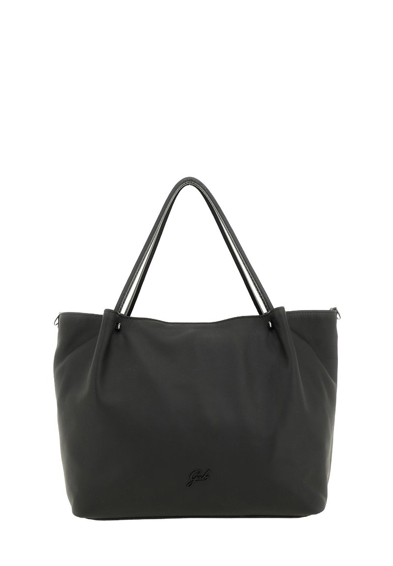 Borsa tote nera in pelle con doppio manico, dalla texture morbida e dal design minimalista. Presenta un logo embossato sulla parte anteriore.