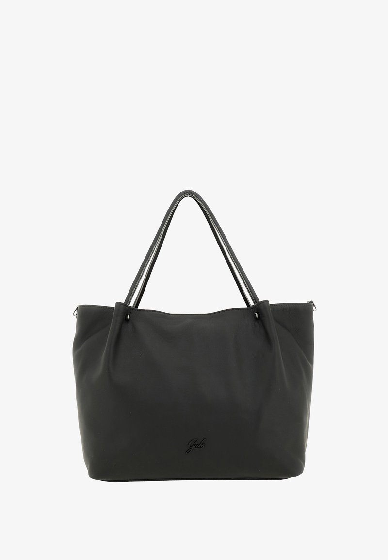 Borsa tote nera in pelle con doppio manico, dalla texture morbida e dal design minimalista. Presenta un logo embossato sulla parte anteriore.