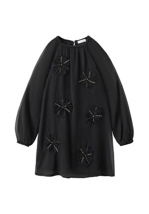 Vestido negro de manga larga transparente con puños fruncidos y cinco apliques florales texturizados, cada uno acentuado con sutiles lentejuelas plateadas.