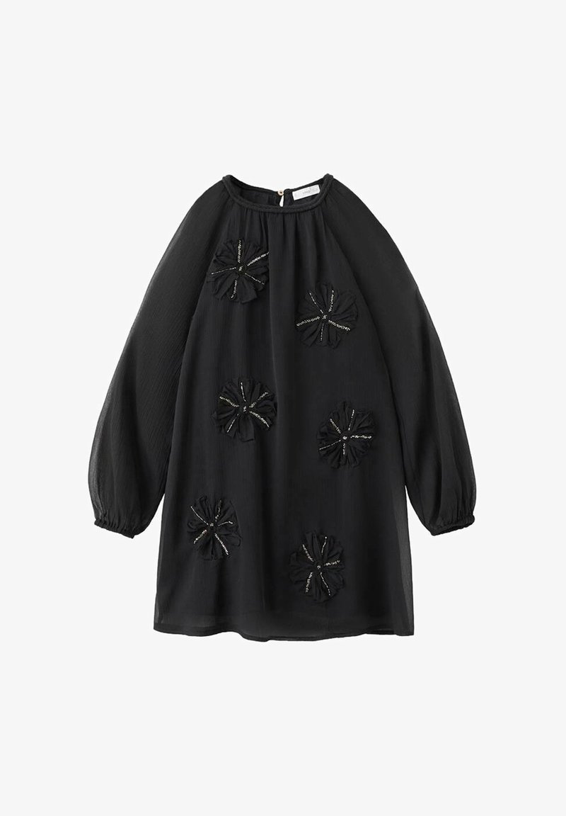 Vestido negro de manga larga transparente con puños fruncidos y cinco apliques florales texturizados, cada uno acentuado con sutiles lentejuelas plateadas.