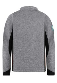 Grå tröja med krage och svarta sidopaneler. Har ett märke på ärmen. Mjuk textur, långa ärmar och en höftlång skärning.