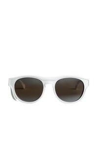 White sunglasses with a matte finish, oval-shaped lenses, and dark brown tint. Features thick, contoured frames and curved temple arms.