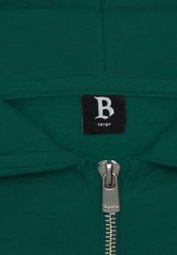 Green zip-up hoodie featuring a silver zipper and black label with white letter "B" and the word "large." Soft texture and simple design.