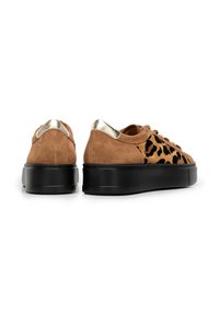 Sneaker in suede marrone con pannello laterale leopardato e suola nera piatta. Accentuati da un tacco dorato metallico e un'area per i lacci abbinata.