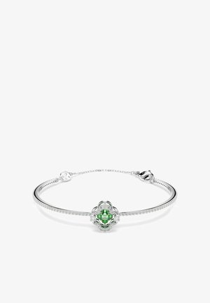 Silbernes Armband mit einem zentralen blumenförmigen Design mit einem runden grünen Edelstein, umgeben von kleinen klaren Kristallen entlang des Bandes.