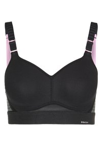 Svart sports-bh med formede kopper, mesh-struktur, justerbare stropper og rosa detaljer. Har en bred underdel med logodetalj.