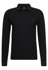Polo shirt lungo nero in cotone, con colletto classico, patta con due bottoni e discreto logo sul petto.