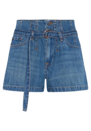 Blå denimshorts med høj talje, bæltesløjfe og stofbånd. Har for- og baglommer samt en falmet tekstur med orange syninger.