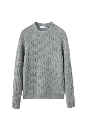 Suéter gris de punto con un diseño de ochos, puños y dobladillo acanalados, y un cuello redondo clásico. Textura suave y ajuste relajado.