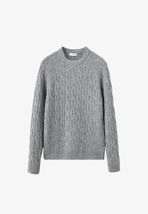 Suéter gris de punto con un diseño de ochos, puños y dobladillo acanalados, y un cuello redondo clásico. Textura suave y ajuste relajado.