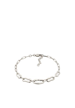 Silbernes Kettenarmband mit abwechselnden glatten ovalen und unregelmäßig geformten Gliedern sowie einem Karabinerverschluss mit verstellbarer Verlängerungskette.