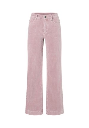 Rosa weit geschnittene Hosen aus Cordstoff, mit hoher Taille, Fünf-Taschen-Design, vorderem Knopfverschluss und subtiler Textur.