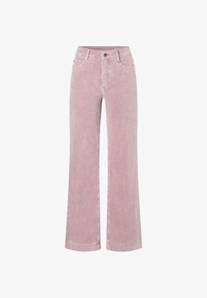 Rosa weit geschnittene Hosen aus Cordstoff, mit hoher Taille, Fünf-Taschen-Design, vorderem Knopfverschluss und subtiler Textur.