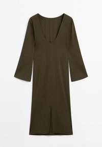 Robe vert olive à manches longues avec un col rond profond et une fente à l'avant, présentée à plat sur fond blanc.