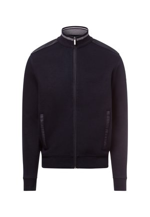 Navy zip-up jacket with a high collar, ribbed cuffs, and side pockets. Features smooth shoulder accents and a textured body.