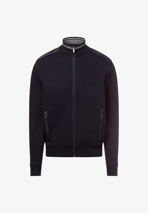 Marineblaues Kapuzenjacke mit hohem Kragen, gerippten Bündchen und Seitentaschen. Verfügt über glatte Schulterakzente und einen strukturierten Körper.