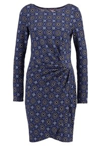 Long-sleeved dress in navy blue with a round neckline. Features a floral pattern and a twisted detail at the waist for shaping.