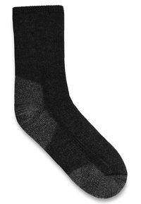 Dunkelgraue Socke mit gerippter Textur, verstärktem Fuß und Zehenbereich. Das Material wirkt dick und langlebig mit subtilen tonalen Kontrasten.