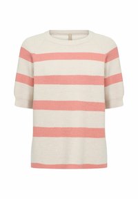 Short-sleeve sweater in cream with pink horizontal stripes, featuring a ribbed texture and a round neckline. Relaxed fit with raglan sleeves.