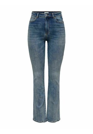 Jean en denim bleu taille haute avec une coupe slim au niveau des cuisses et une légère évasement à la cheville, présentant un design classique à cinq poches.